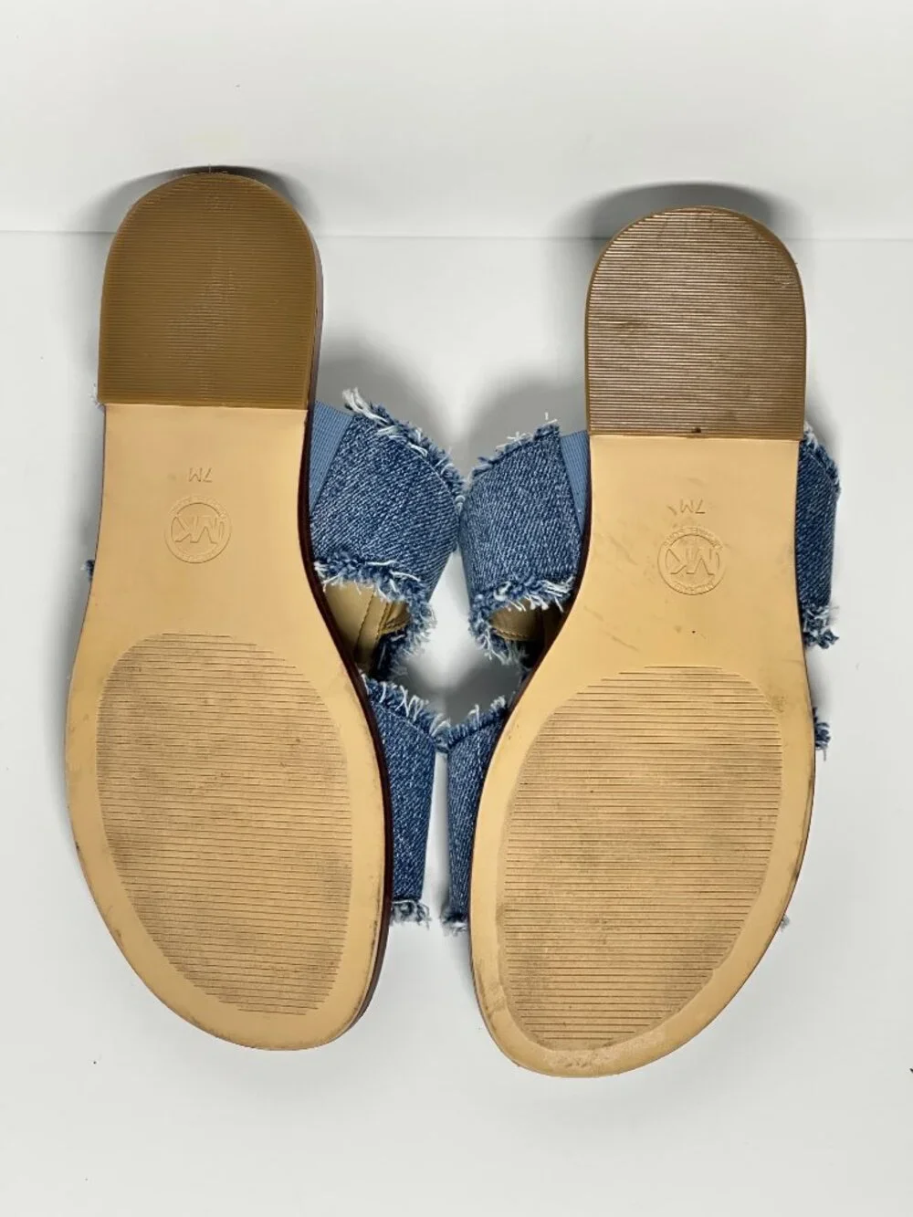 Michael Kors Berkley Denim Sandals Women 7M Blue Frayed Zip Slide Flat Shoes